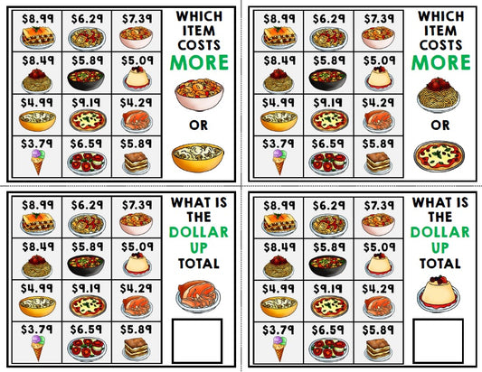 Life Skills Task Cards - Menu Math - Money - Budget - Dollar Up