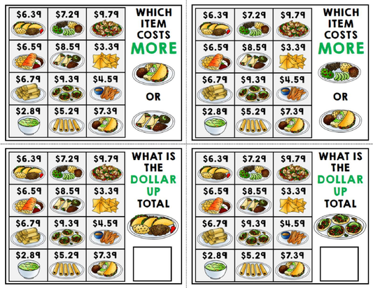 Life Skills Task Cards - Menu Math - Money - Budget - Dollar Up