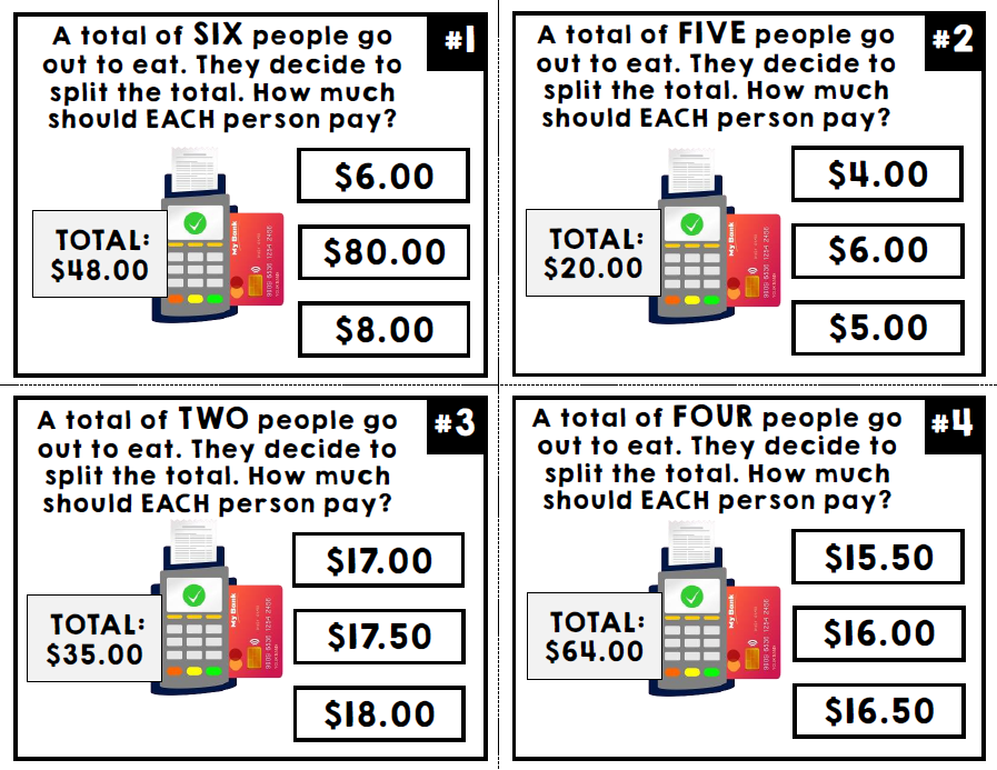 Life Skills - Splitting the Bill - Math Task Cards