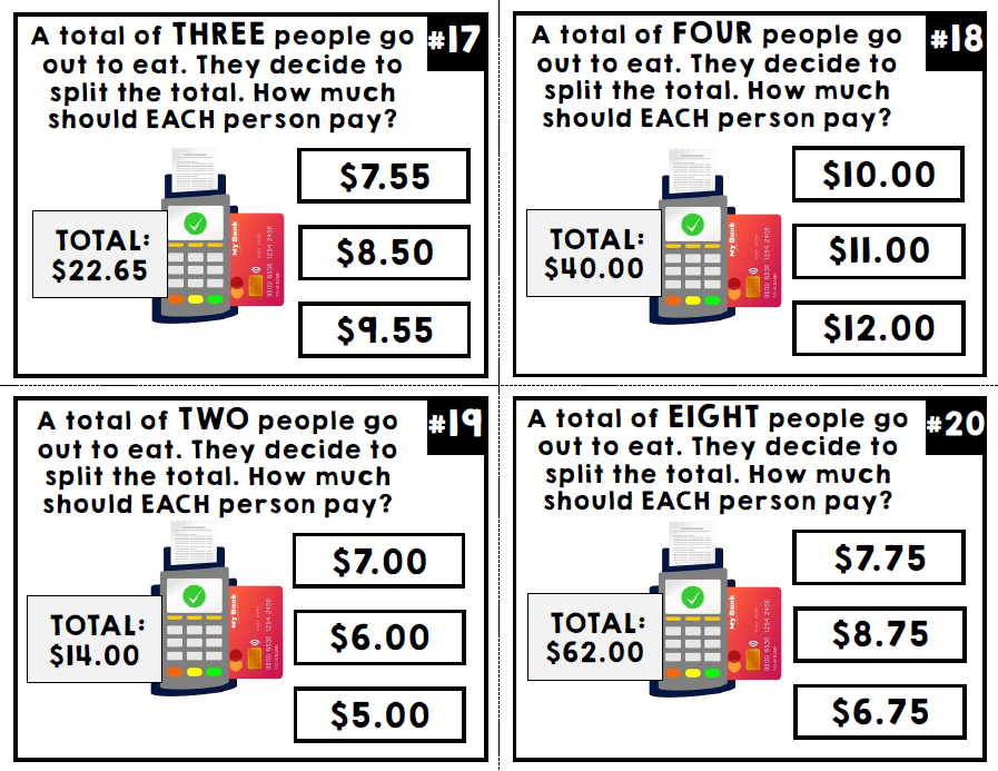 Life Skills - Splitting the Bill - Math Task Cards