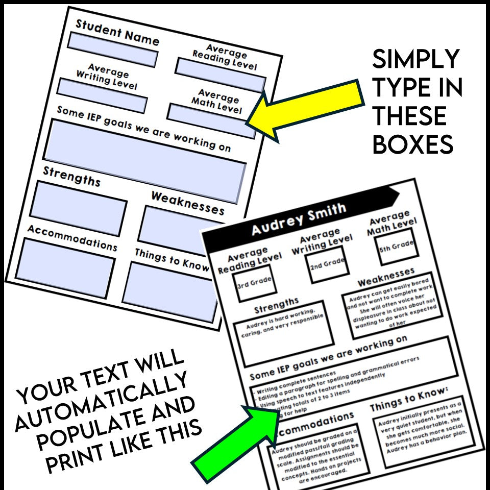 Teacher Cheat Sheet - Student at a Glance IEP Cheat Sheet