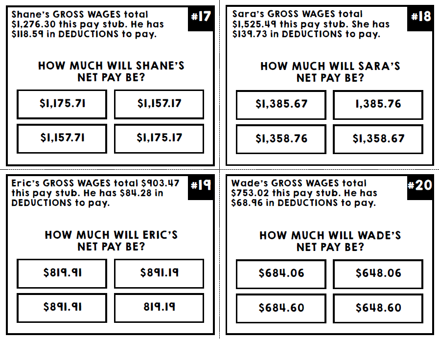 Life Skills Math - Pay Stub Task Cards - Job Skills