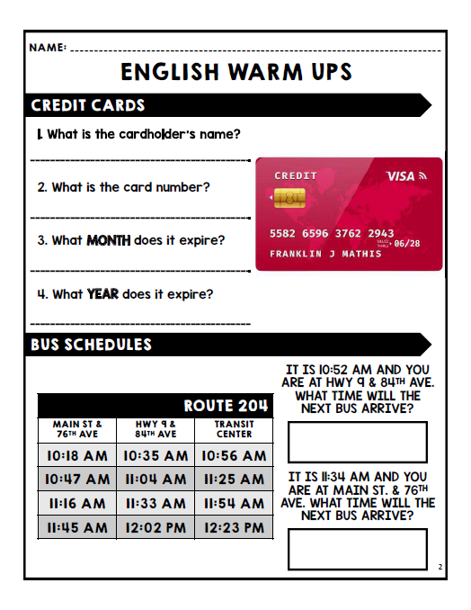 English Warm Ups - Life Skills - Daily Work - FREEBIE