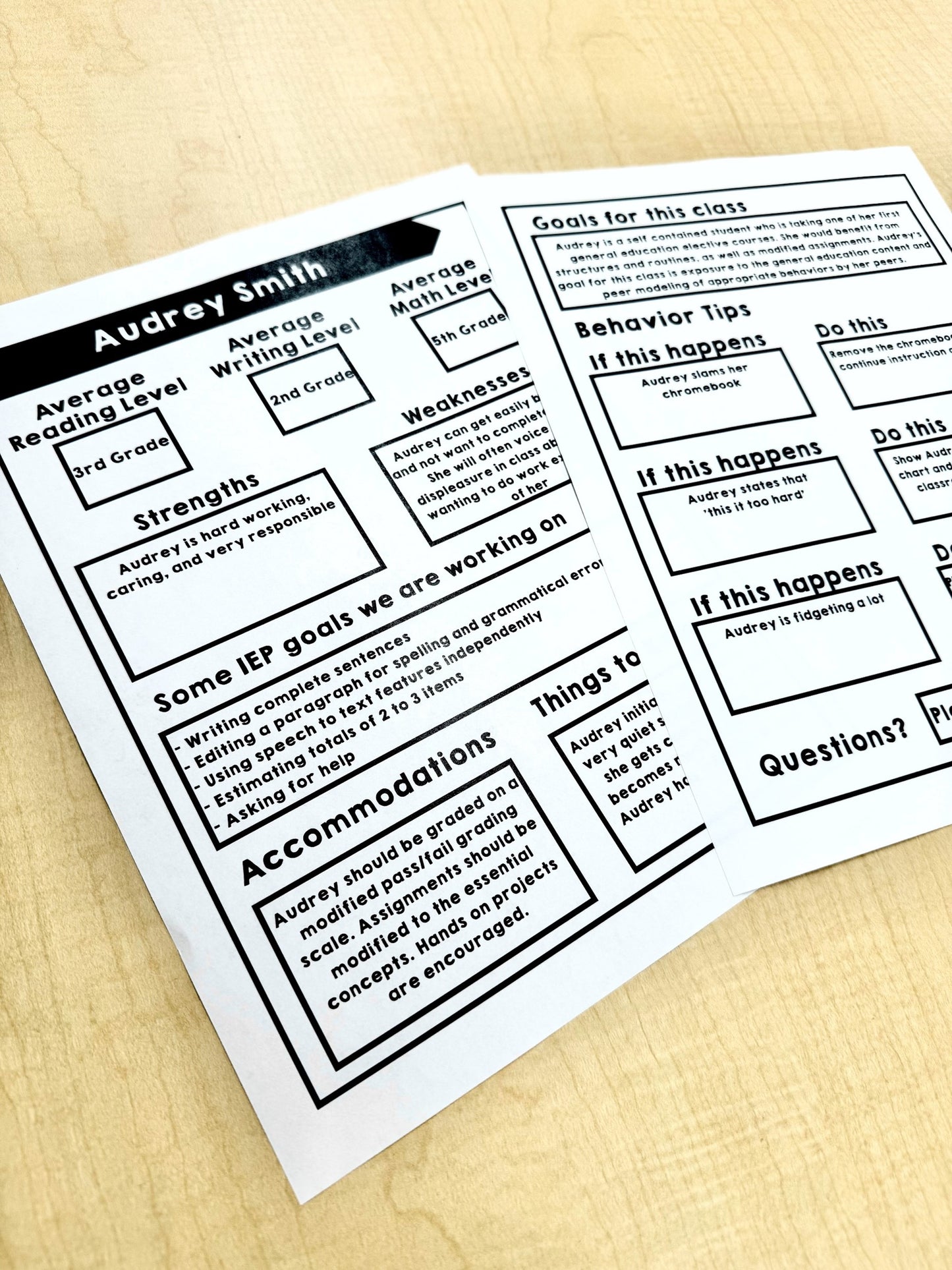 Teacher Cheat Sheet - Student at a Glance IEP Cheat Sheet