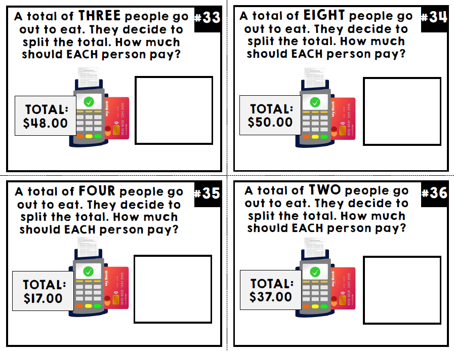 Life Skills - Splitting the Bill - Math Task Cards