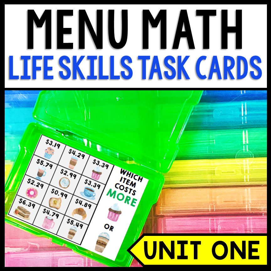 Life Skills Task Cards - Menu Math - Money - Budget - Dollar Up