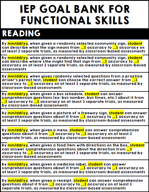 IEP Goal Bank - Life Skills - Functional IEP Goals - Special Education BUNDLE