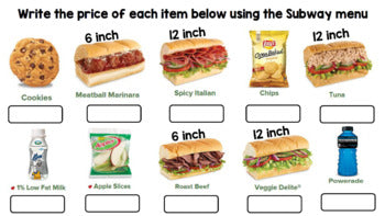 Life Skills Menu Math and Money Practice: Subway