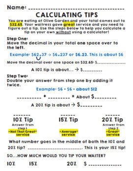 Life Skills Math, Money, and Reading: Calculating Tips