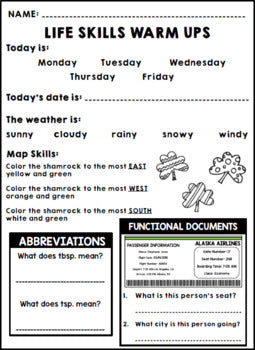 Life Skills Warm Ups - Homework - St. Patrick's Day - March - Special Education