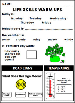 Life Skills Warm Ups - Homework - St. Patrick's Day - March - Special Education