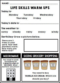 Life Skills Warm Ups - Homework - APRIL - Earth Day - Special Education