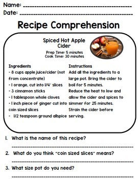 Fall Recipes - Reading Comprehension - Life Skills - Special Education - Cooking