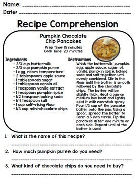 Fall Recipes - Reading Comprehension - Life Skills - Special Education - Cooking