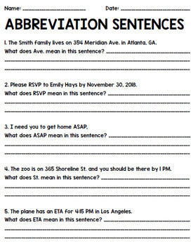 Abbreviation Worksheets - Sentence Practice - Special Education - Writing